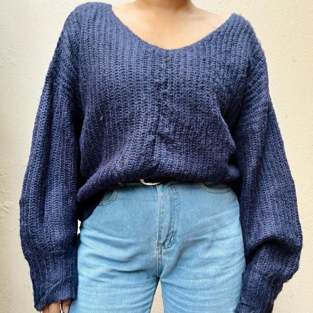 Blue Knit Cropped Drop Shoulder Sweater - Picture 1 of 3